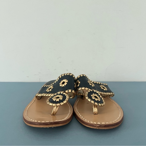Jack Rogers Nantucket Midnight Blue Gold Leather Whipstitch Flat Sandals - Picture 3 of 9